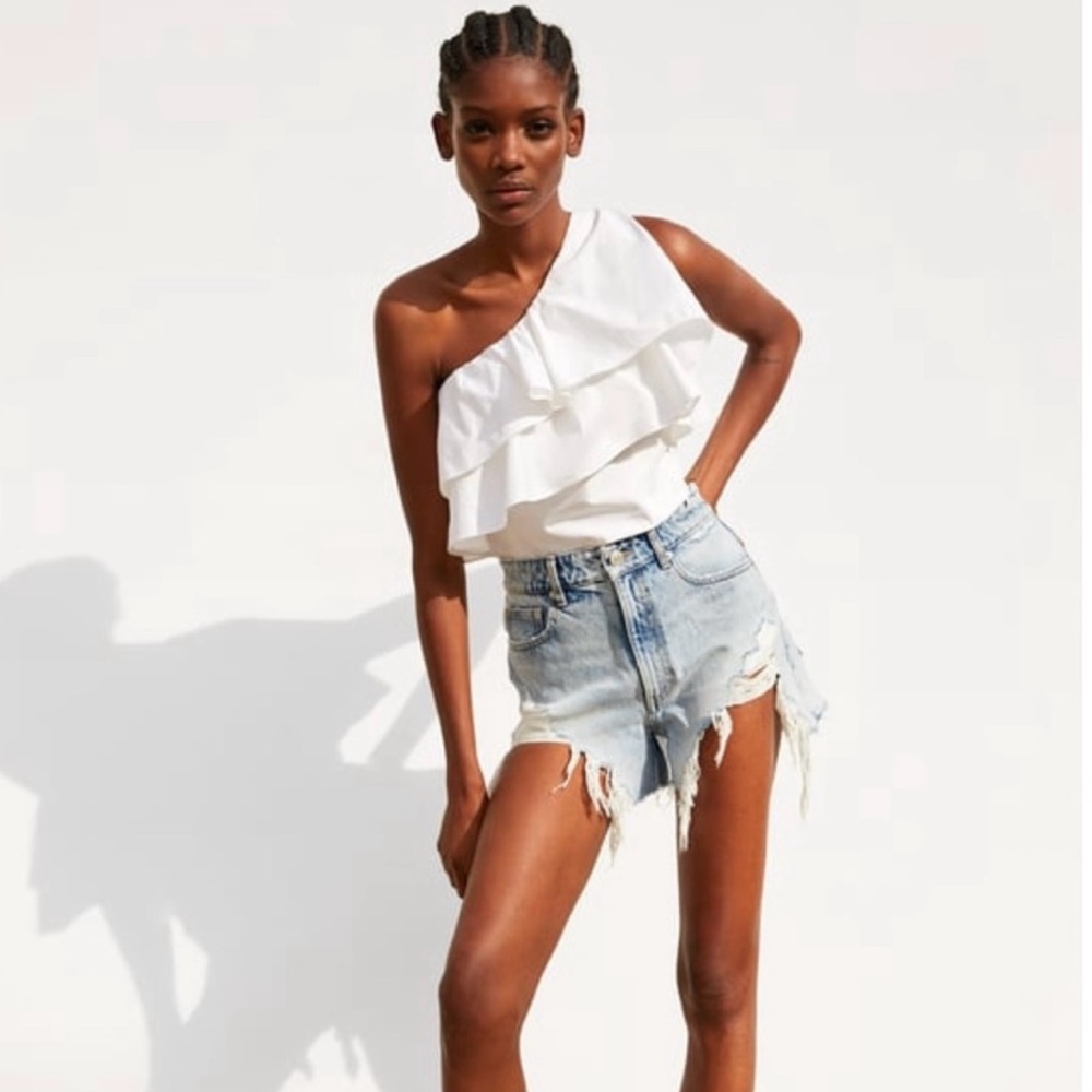 NWT Zara White One Shoulder Crop Top Cotton Poplin Ruffle Size Small 100% Cotton